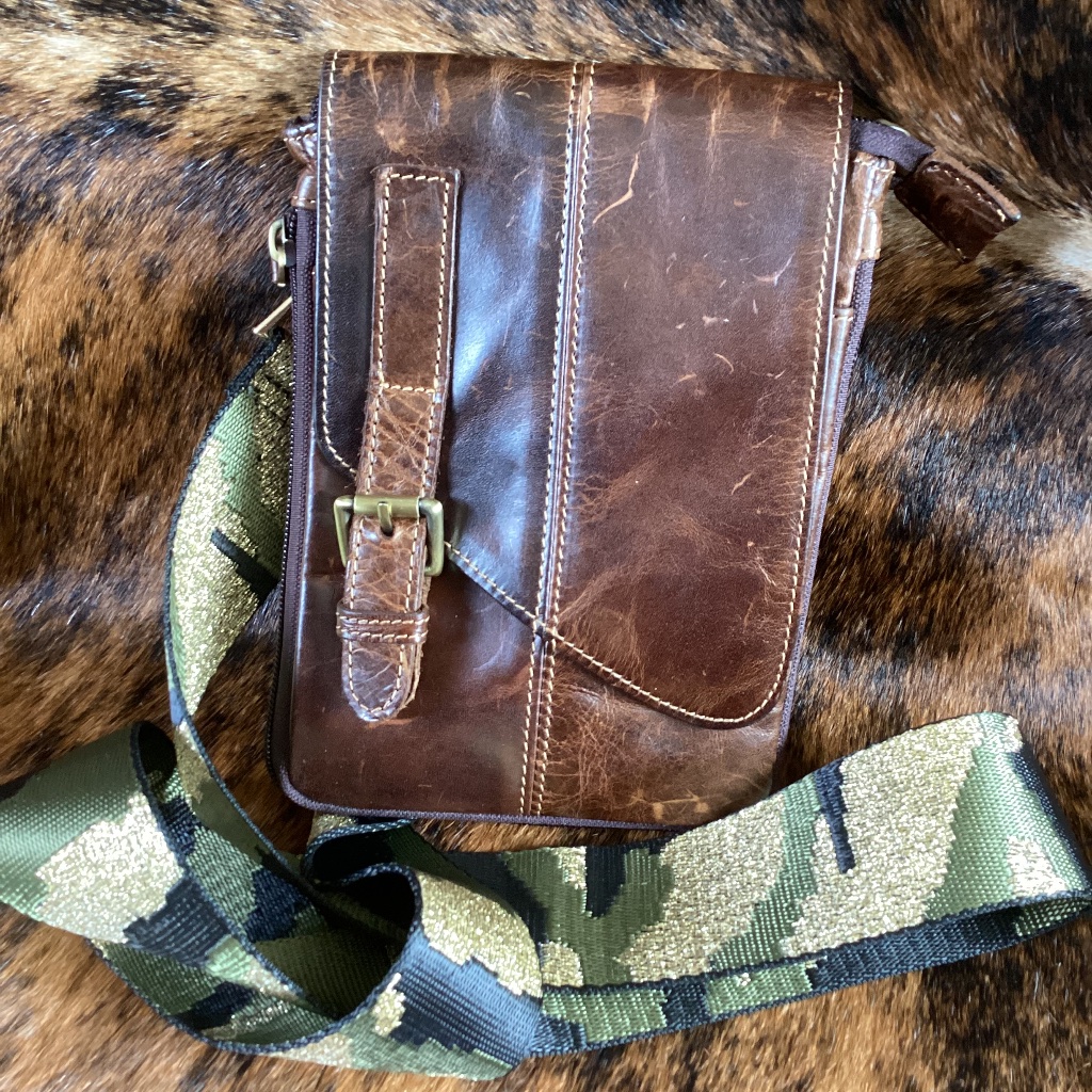 Little Genuine Leather Crossbody Bag With Camo Gold Strap